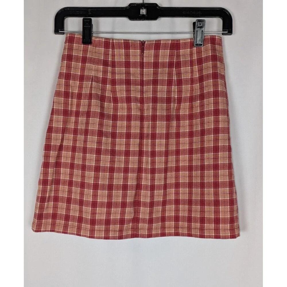 Brandy Melville John Galt Cara Red and Tan Plaid Dual Front Slit Mini Skirt OS